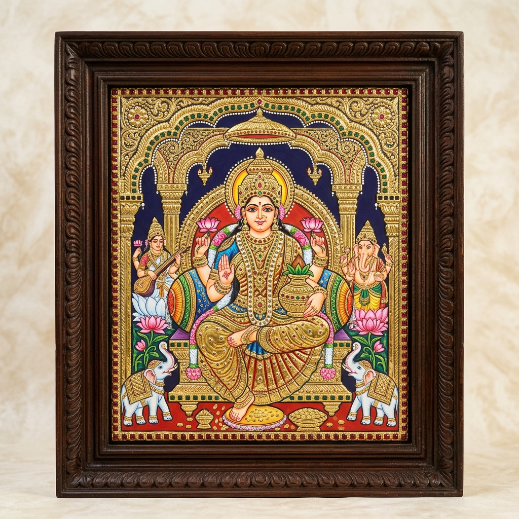 Exotic India Art Lord Ganesha Tanjore Painting with Teakwood Frame